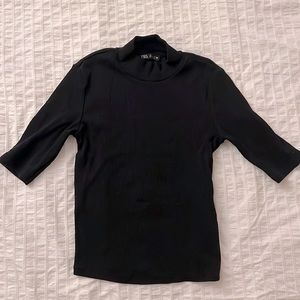 Zara Ribbed Mock Neck Sleeve Black Top